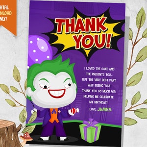 Superhero Digital Thank You Card, Clown Party Favor, Cute Hero Party Card, Baby Clown Birthday Favor Card, Super Boy Birthday Party