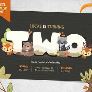 Invitation numérique Woodland, Invitation d’anniversaire Forest Animals, Cute Woodland Party imprimable, Invitation Cute Fox Party, Invitation pour le 2e anniversaire