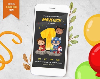 Superhero Mobile Invitation, Super Baby iPhone Invitation, Baby Heroes Party Electronic Invitation, 1st Birthday Mobile Evite, Boy Invite