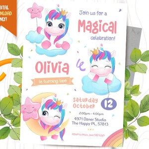 Unicorn Digital Invitation + FREE Thank You Card, Rainbow Birthday Invite, Magical Unicorn Party Printable, Cute Girl Party Invitation