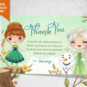 Cartão de agradecimento da princesa da neve, cartão do favor da princesa do gelo, cartão da festa do boneco de neve, cartão bonito do favor do aniversário da princesa, cartão da festa de aniversário da menina