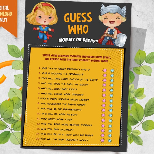 Superhero Baby Shower Guess Who, Superhero Baby Shower Game, Mom or Dad Game, Party Game Card, Superheroes Baby Shower Games, Shower Party