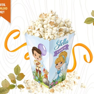Pudełko na popcorn urodzinowy księżniczki, słodkie pudełko na popcorn księżniczki wycięte, pudełko na upominki wróżki, pudełko na słodycze dla dziewcząt, upominki na przyjęcie dla dzieci, pudełko na smakołyki urodzinowe