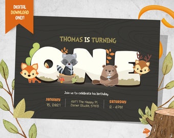 Woodland Digital Invitation, Forest Animals Birthday Invite, Cute Woodland Party Printable, Cute Fox Party Invitation, 1st Birthday Invite