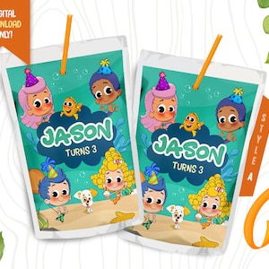 Under The Sea Digital Juice Label, Animal Creatures Juice Pouch Label, Kids Party Bag Label, Mermaid Juice Wrapper, Juice Bag Label Sticker