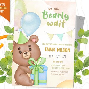 Bear Baby Shower Digital Invitation, Bear Balloons Invitation, Teddy Bear Baby Shower, Baby Shower Digital Invite, Bear Printable Invitation