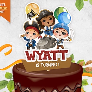 Pirate Kids Cake Topper, Lindo Topper de pastel de cumpleaños pirata, Topper de fiesta pirata, Mapa del tesoro Topper imprimible, Etiqueta de cumpleaños de Pastel para niños
