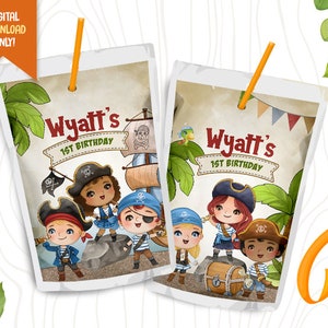 Etiqueta de jugo digital de Pirate Kids, etiqueta de bolsa de jugo de pirata lindo, etiqueta de bolsa de fiesta pirata, envoltorio de jugo para niños, pegatina de etiqueta de mapa del tesoro