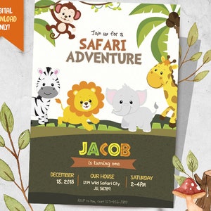 Safari Digitale Uitnodiging + GRATIS Bedankkaart, Wild Safari Verjaardagsuitnodiging, Jungle Party Afdrukbaar, Safari Kids Party Gepersonaliseerde Uitnodiging