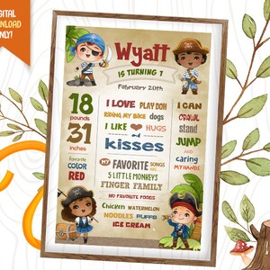 Pirate Kids Digital Chalkboard, Cute Pirates Birthday Chalkboard, Treasure Map Party Poster, Kids Milestone Board, Pirate Birthday Sign