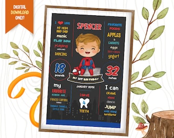 Superhero Digital Chalkboard, Cute Spider Birthday Chalkboard, Baby Spider Hero Poster, 1st Birthday Milestone Board, Boy Chalk Sign