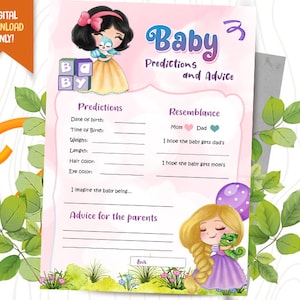 Prédiction et conseils de bébé princesse, jeu de douche de bébé princesses, carte de jeu de partie, jeux mignons de douche de bébé de princesse, jeu de conseil de parents
