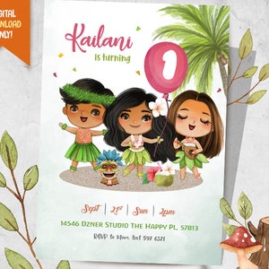 Hawaiian Girls Digitale Uitnodiging + GRATIS Dank u kaart, Luau verjaardag uitnodiging, Hula Kids Party Uitnodigen, Hawaiiaanse Kids Verjaardagskaart