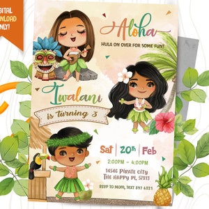 Hawaiian Girls Digital Invitation + FREE Thank You Card, Luau Birthday Invite, Hula Kids Party Invite, Hawaiian Kids Birthday Card