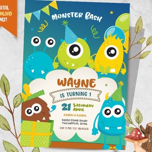 Monster Digitale Uitnodiging + GRATIS Bedankt Kaart, Monster Bash Verjaardagsuitnodiging, Schattige Monsters Party Uitnodiging, Monster Verjaardag Uitnodiging