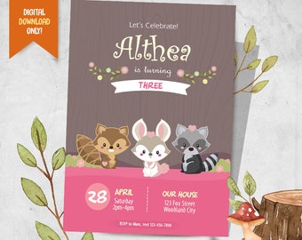 Woodland Digital Invitation + FREE Thank You Card, Forest Animals Birthday Invite, Cute Woodland Party Printable, Cute Fox Party Invitation