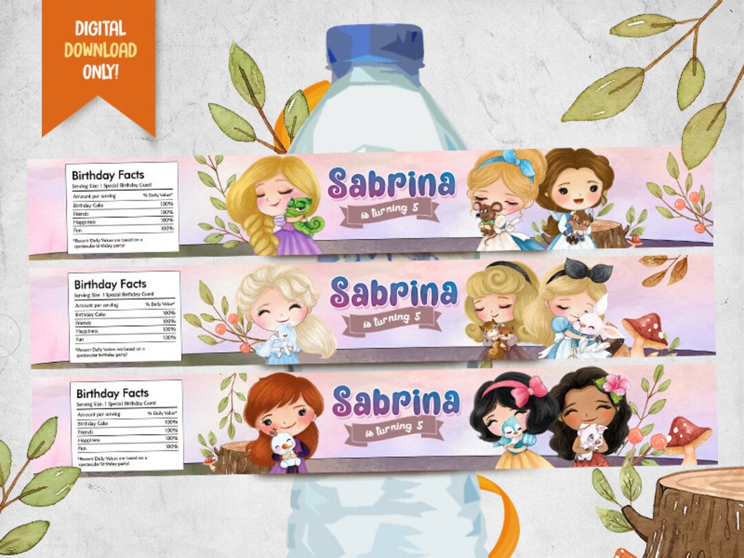 Princess Digital Water Bottle Labels, Princess Printable Bottle Wrapper ...