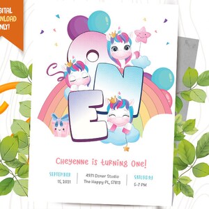 Unicorn Digitale Uitnodiging + GRATIS Bedankkaart, Regenboog Verjaardag Uitnodiging, Magische Eenhoorn Party Afdrukbaar, Cute Girl Party Uitnodiging