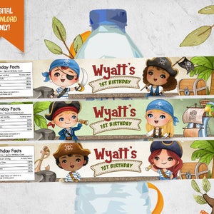Etiqueta de botella de agua digital de Pirate Kids, envoltura de botella imprimible de Cute Pirates, etiqueta de botella de cumpleaños pirata, etiqueta de bebida de fiesta de mapa del tesoro