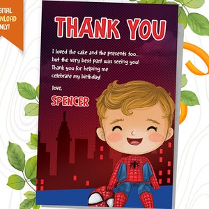 Cartão de agradecimento digital de super-heróis, cartão de lembrança de super-heróis, cartão de festa de herói fofo, cartão de lembrança de aniversário de herói de bebê, festa de aniversário de SpiderBoy