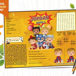 Superheroes Activity Sheet, Cute Superhero Printable Placemat, Kids Birthday Activity Sheet, Super Hero Party Game, Birthday Table Decor