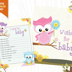 Deseos de baby shower de búho para bebé, DESCARGA INSTANTÁNEA, Signo de buenos deseos de búho para bebé, Tarjetas imprimibles de búho, Juego de fiesta de ducha de búho, Pájaros lindos
