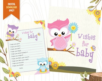 Owl Baby Shower Wishes for Baby, INSTANT DOWNLOAD, Owl Well Wishes For Baby Sign, Owl Printable Cards, Owl Shower Party Game, Cute Birds