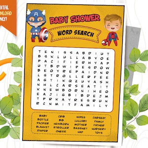 Superhelden-Babyparty-Wortsuche, Superheld-Babyparty-Spiel, Party-Spielkarte, Superhelden-Babyparty-Spiele, Superhelden-Spiele, Wortsuche