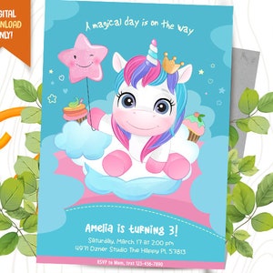 Unicorn Invitation + FREE Thank You Card, Rainbow Digital Birthday Invite, Magical Unicorn Party Printable, Cute Girl Party Invitation