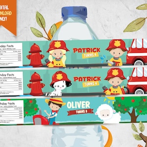 Firefighter Digital Water Bottle Labels, Fire Rescue Printable Bottle Wrappers, Fire Truck Birthday Bottle Label, Drink Label, Wraparound