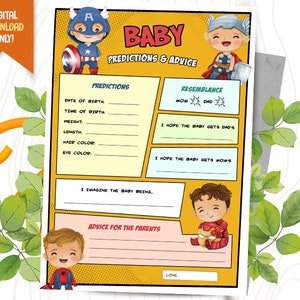 Prédiction et conseils de bébé super-héros, jeu de douche de bébé super-héros, carte de jeu de fête, jeux de douche de bébé super-héros, jeu de conseils aux parents