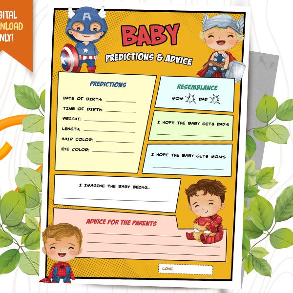 Superhero Baby Prediction and Advice, Superhero Baby Shower Game, Party Game Card, Superheroes Baby Shower Games, Parents Advice Game