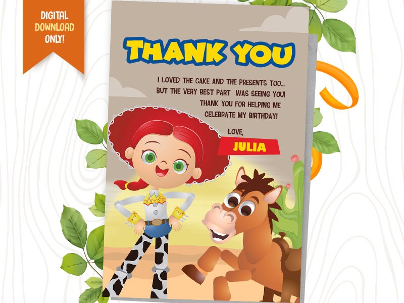 Cowgirl Digital Thank You Card, Cute Cowgirl Birthday Favor Card 