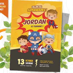 Convite de super-heróis + cartão de agradecimento GRATUITO, convite digital de aniversário de super-heróis, festa de heróis para impressão, convite de festa super infantil