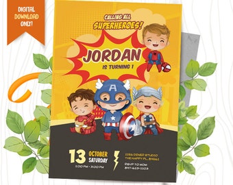 Superhero Invite + FREE Thank You Card, Superheroes Digital Birthday Invitation, Heroes Party Printable, Super Kids Party Invitation