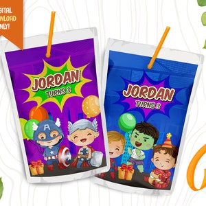 Superheroes Digital Juice Label, Cute Superhero Juice Pouch Label, Kids Party Bag Label, Baby Heroes Juice Wrapper, Juice Bag Label Sticker