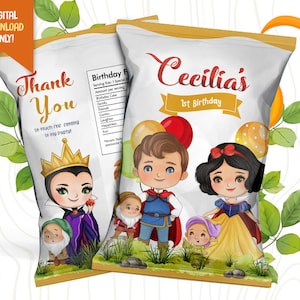 Princess Birthday Chip Bag, Cute Princess Party Bag, Cute Dwarfs Favor Bag, Girls Chip Pouch, Kids Party Favor, Birthday Goodie Bag Label
