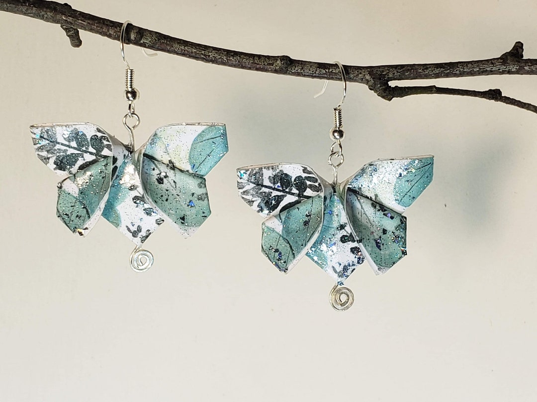 Origami Butterfly Earrings Blue Leaf Design Nickel Free Etsy