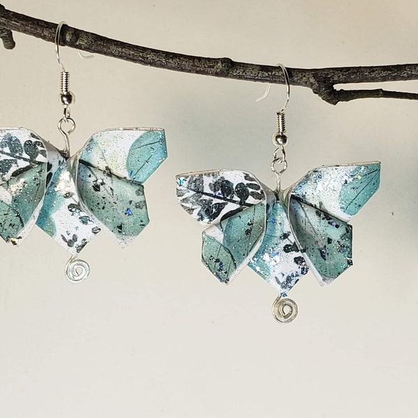 Origami Butterfly Earrings - Blue Leaf Design Nickel Free