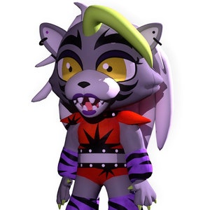 May include: A purple and gray cartoon character with a green mohawk, wearing a red and black costume with a starburst design. The character has yellow eyes and a wide open mouth with sharp teeth.