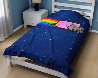 Custom Handmade Cosplay Anime Manga Videogame Gamer Rainbow  Kawaii Poptart Cat Gift Retro Blanket Velveteen Minky Blanket Gift!
