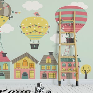 Kids Room colorful Air Balloon Wallpaper - fly over houses Removable Peel n Stick Wallpaper