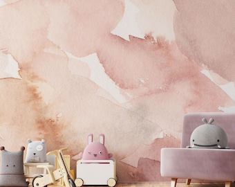 Pink Watercolor Wallpaper | Girls Room Peel and Stick Wall Mural | Self-Adhesive Soft Blush Decor