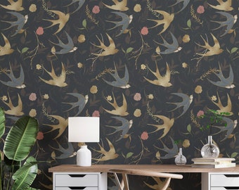 Dark Floral Birds Wallpaper: Elegant Removable Wall Decor
