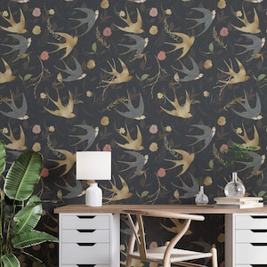 Dark Swallow Birds Wallpaper, Removable Self Adhesive Wallpaper Roll, Peel and stick by amazing wallpaper