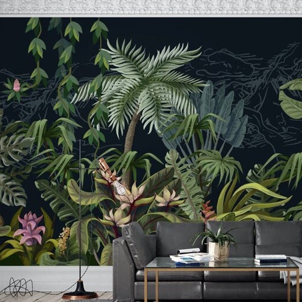 Tropical Night Tree Forest with Green Leaves Self Adhesive and Peel and stick Wallpaper Mural