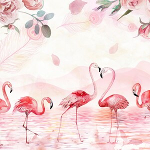 May include: Watercolour painting of pink flamingos standing in a pink lake with pink flowers and feathers in the background.