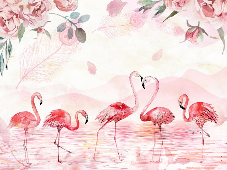 May include: Watercolour painting of pink flamingos standing in a pink lake with pink flowers and feathers in the background.