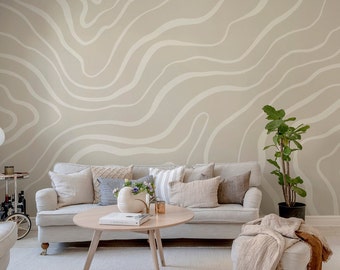 Neutral Wavy Line Wallpaper Mural: Minimalist Peel and Stick Wall Decor