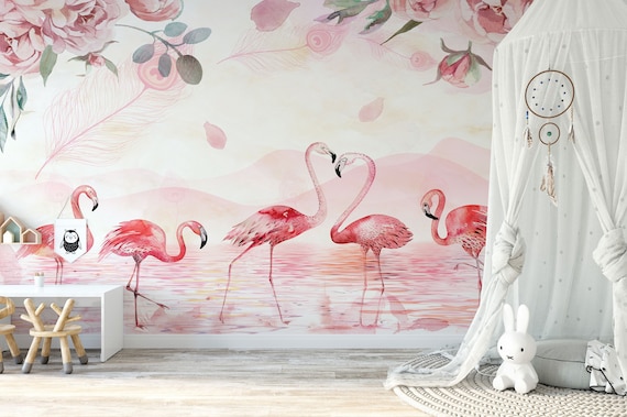 Flamingo Wallpaper: Pink Lake, Roses, Girls Room Decor (Self Adhesive & Traditional)